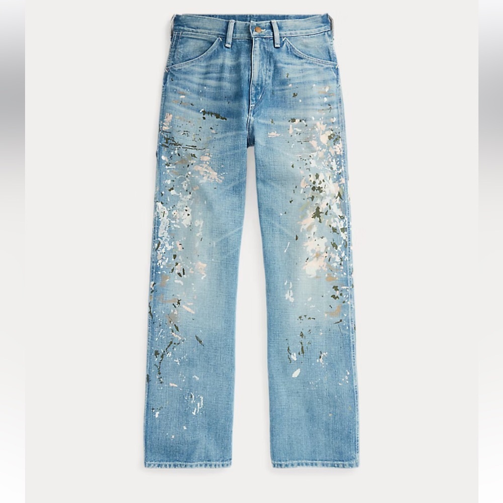 Ralph Lauren Double RL Light Blue Straight Leg Jeans with Paint Splatter size 29